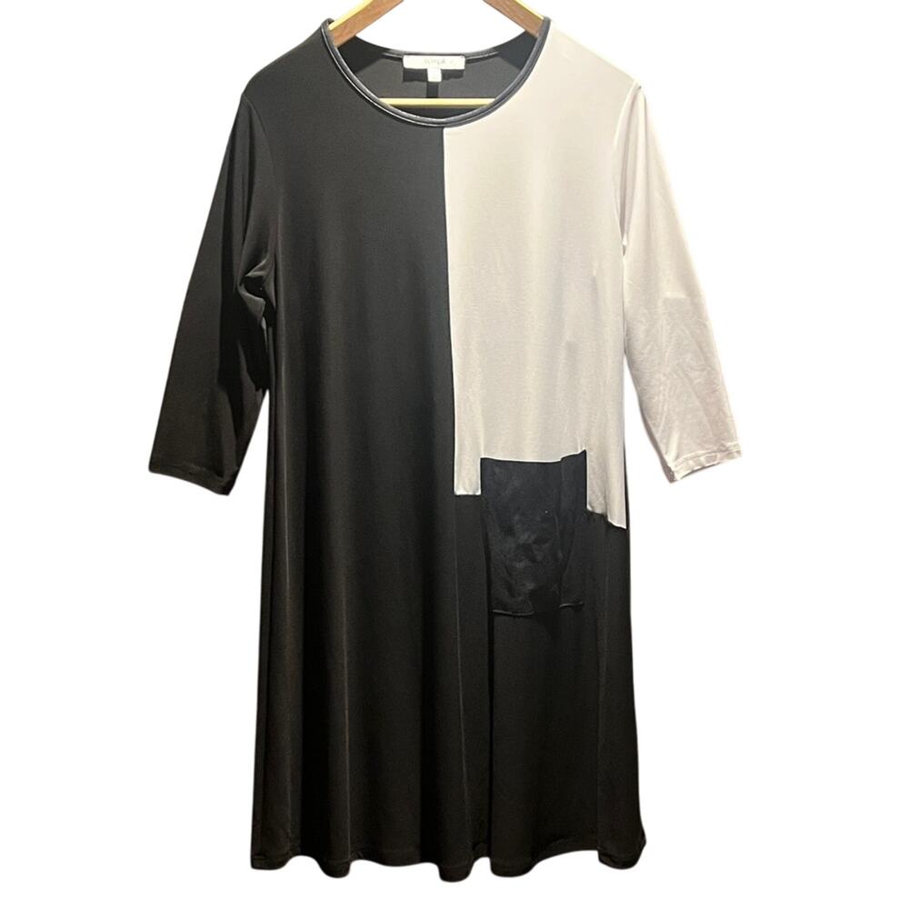 Sympli Jersey Dress Size 10 Black White Colorblock Patch Pocket 3/4 Sleeve Dress